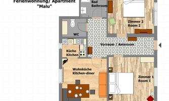 A schematic representation of a holiday apartment called "Malu". The apartment includes two bedrooms, a bathroom, and a living kitchen.