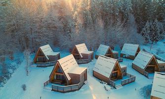 An idyllic winter scene with several modern holiday homes in a snowy forest. The sun gently shines through the trees, creating a cozy atmosphere.