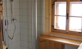 A modern bathroom with a shower and a wooden shelf. The window provides plenty of daylight.