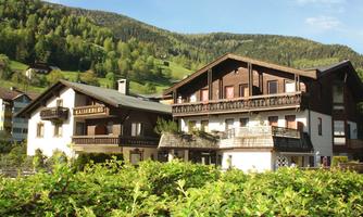 A traditional chalet in the Alps with a green surrounding. The mountains in the background are densely forested, creating an idyllic atmosphere.