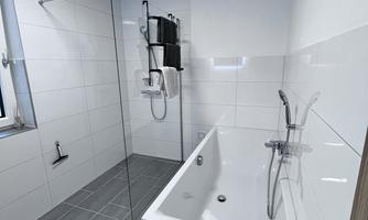 A modern bathroom with a shower and a bathtub. The walls are tiled in white and the floor has gray tiles.