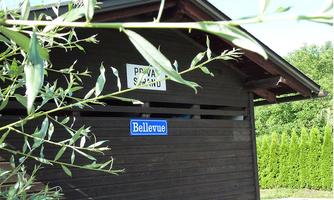 A wooden building with a sign showing "Bellevue". Surrounded by green plants and a well-maintained landscape.