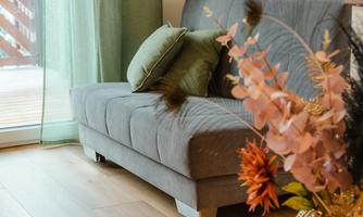 A modern sofa with cushions in a bright room. Vases with colorful plants decorate the floor.