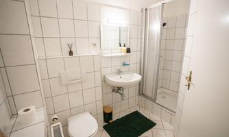 A small, modern bathroom with white tiles. There is a shower, a sink, and a toilet, as well as some decorative elements.