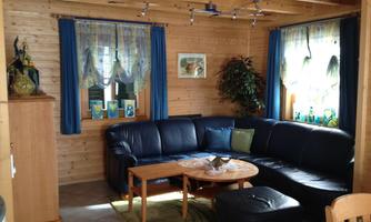 A cozy living room with a blue couch and a wooden table. The walls are made of wood, and there are decorative curtains as well as plants.