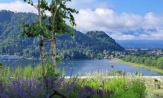 A picturesque landscape with a river, surrounded by green hills and purple flowers. The sky is partly cloudy and radiates tranquility in the background.