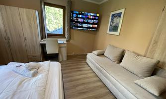 A cozy room with a double bed, a sofa, and a wall-mounted television.  
Large windows provide plenty of daylight and a friendly atmosphere.