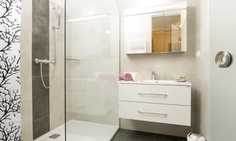 A modern bathroom with a glass shower and a white sink. On the wall are dark tiles and a decorative shower curtain with a tree design.