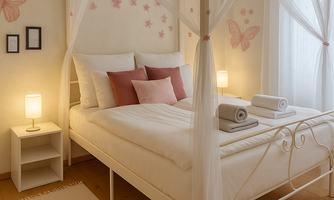 A cozy bedroom with a four-poster bed and soft colors. On the walls are butterflies, and in the background stand two nightstands with lamps.