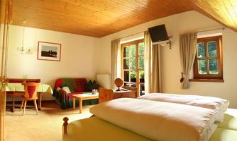A cozy room with two beds and a table. Large windows provide plenty of daylight and a view of the greenery.