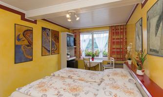 A cozy room with a large double bed and bright yellow walls. There are plants and a table with chairs by the window.