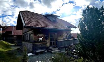 A cozy wooden house with a red roof in a natural setting. The sky is partly cloudy and there is plenty of greenery around the house.