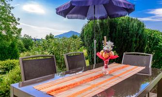 A beautifully set table outdoors with an umbrella. In the background, green plants and a mountain are visible.
