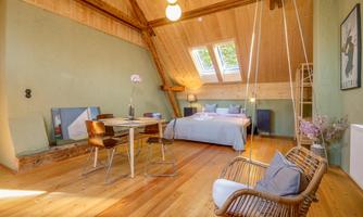 A modern bedroom with wood-paneled walls and a cozy atmosphere. There is a table, chairs, and a hanging chair, as well as large windows that let in plenty of light.