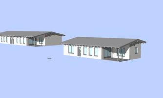 Two modern buildings with a flat roof and large windows. The background is light blue and complements the architectural depiction well.