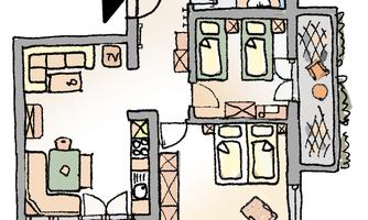 A simple representation of a floor plan. The plan shows several rooms, including a living room, kitchen, and two bedrooms.