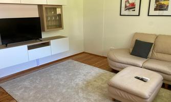 A modern living room with a beige sofa and a television. On the wall, two pictures are hanging, and a carpet is on the wooden floor.