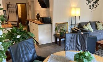A cozy living and dining room with a round table and black chairs. The decor is modern and decorated with plants.