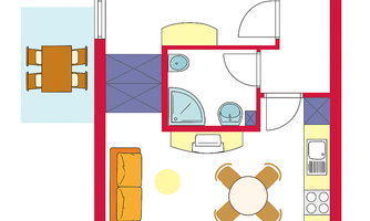 A floor plan of an apartment with two bedrooms and a living area. It also shows a small kitchen and a dining area.