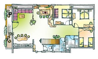 A colored floor plan of an apartment with multiple rooms. The rooms include a living room, kitchen, and bedroom, as well as a terrace.
