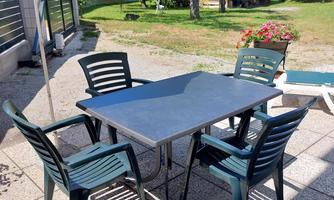 A table with four chairs on a terrace. In the background, trees and flowers can be seen.