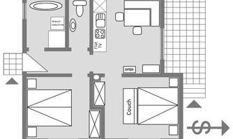 A simple floor plan drawing of an apartment. The rooms include a living room, two bedrooms, a kitchen, and a bathroom.