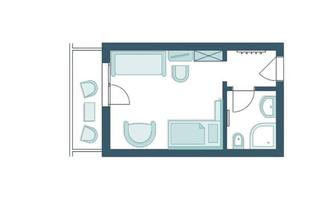 A graphic representation of an apartment layout featuring a living room, bedroom, and bathroom. The furniture is represented schematically and simply.