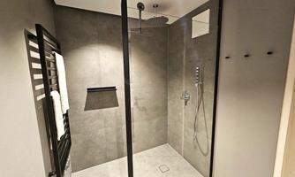A modern bathroom with an elegant shower and a glass partition. The walls are kept in simple shades of gray, and there is a towel warmer.