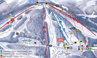 An overview map of a ski area with various slopes and hiking trails. The main points and difficulty levels of the descents are clearly marked.