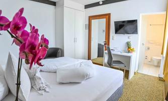 A modern hotel room with a double bed and a beautiful orchid flower. There is a desk, a television, and a small dining area.
