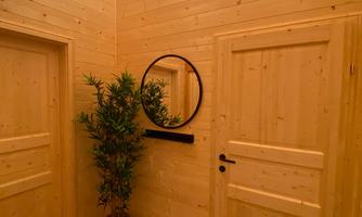 A bright room with wooden walls and two doors. In the corner, there is a plant and a round mirror hangs on the wall.