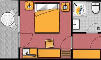 A simple room layout with one bedroom, one bathroom, and a seating area. The room is furnished with a large bed, a table, and various furniture in orange and gray.