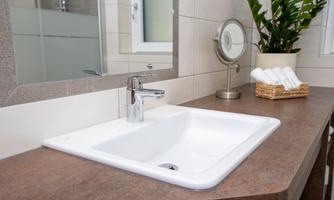 A modern bathroom with an elegant sink and a large mirror.  
Decorative plants and fresh towels create an inviting atmosphere.