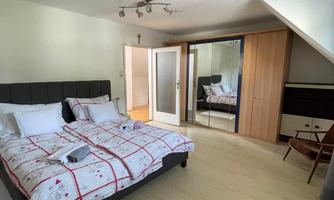 A cozy bedroom with a large bed and bright wooden floors and a mirror wardrobe.