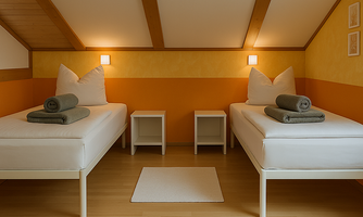 A cozy bedroom in the attic with two single beds. The walls are painted in warm shades of yellow, and there are simple nightstands.