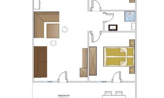 A floor plan drawing of an apartment with several rooms. The illustration shows an open living area, two bedrooms, and a kitchen.