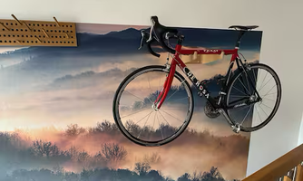 A red bicycle hangs on a wall with a beautiful landscape motif. The background shows mist over hills at sunrise.