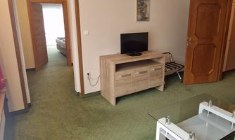 A bright room with a green carpet and a wooden piece of furniture. In the room, there is a television and a glass table.