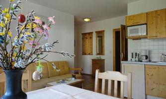 A cozy living room with a dining table and a kitchenette. On the table, there is a vase with colorful flowers.