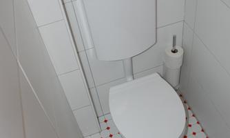 A modern bathroom with a toilet and a toilet paper roll. The walls are tiled, and the floor has a red and white pattern.