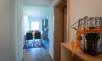 A bright hallway with a table and chairs in the background. On a shelf, there is a decorative basket with plants.