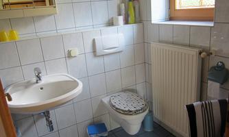 A simple bathroom with a sink, a toilet, and a windowsill. White tiles and a heater complement the simply furnished ambiance.