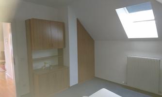 A bright room with a skylight and wooden shelves. There is a radiator on the wall, the room is simply and modernly furnished.