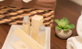 A beautiful set of care products, consisting of soap and a bottle. In addition, a small plant in a decorative pot.