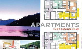 A picturesque view of a lake at sunset, surrounded by mountains. The image also shows floor plans of apartments and living areas.