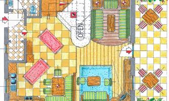 A floor plan of a living space with an open area that includes a dining and living area. The furniture is drawn in color, and there is a table as well as several seating options.