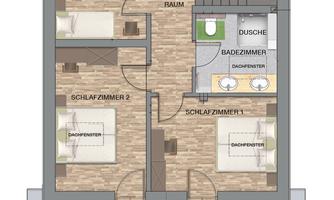A floor plan of the upper floor of a house. It shows three bedrooms, a bathroom, and a balcony.