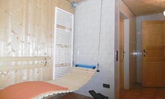 A cozy room with wooden paneling and a hammock chair. In the foreground, there is a fitness device and several doors lead to other areas.