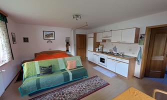 A bright bedroom with a large bed and a kitchenette. A cozy atmosphere is created by a carpet and colorful blankets.