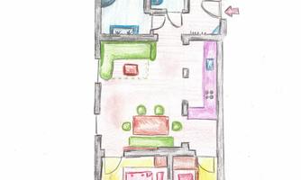A floor plan of an apartment with two bedrooms, a living room, and an open kitchen. The rooms are color-coded and show a practical layout.